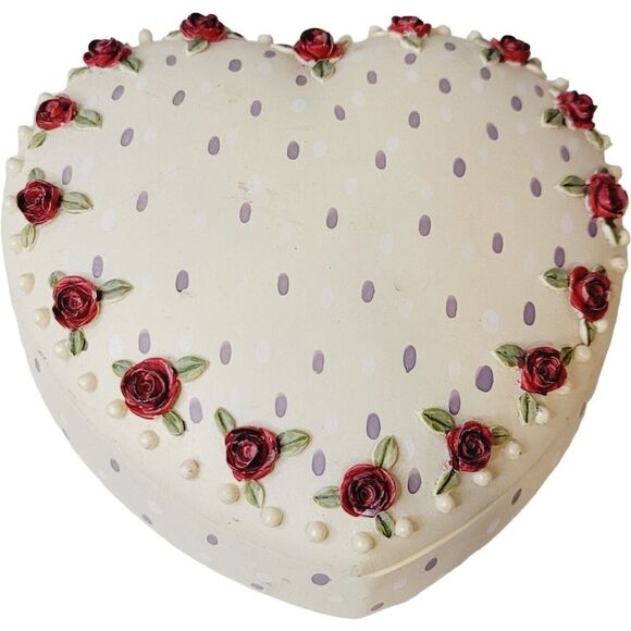 Vintage Large Heart Shaped Lidded Trinket Box With 3D Flowers Hand Painted - Picture 7 of 14